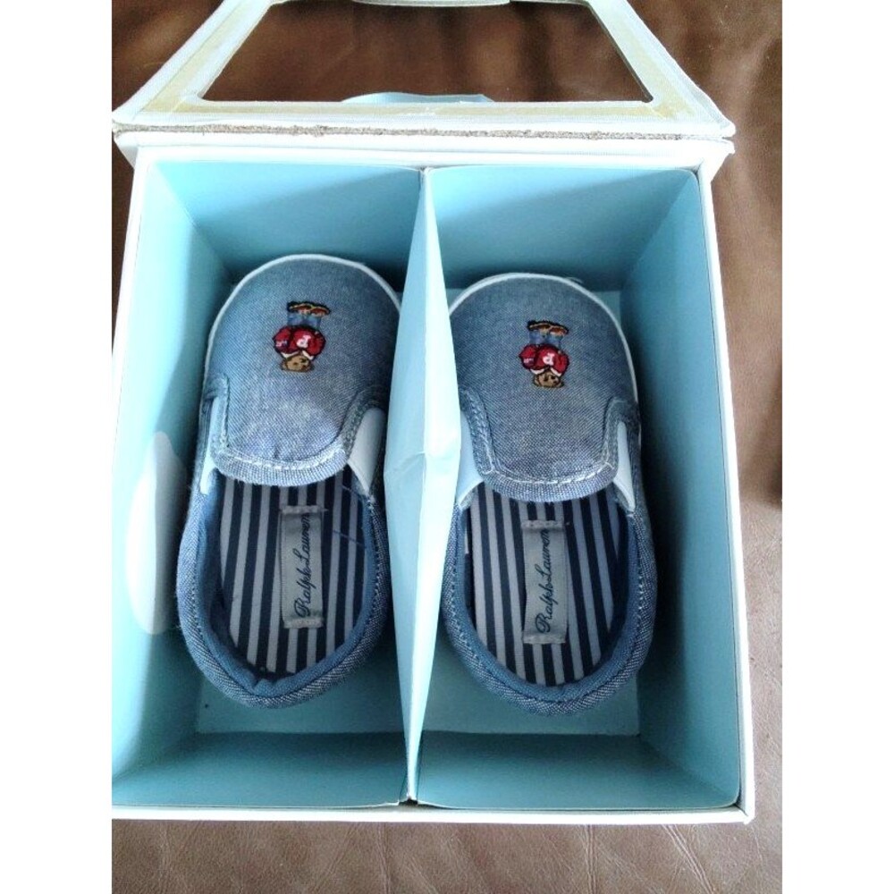 New in box Infant Baby Ralph Lauren Denim Carlee Bear Shoes US Sz 4 Length 13 cm